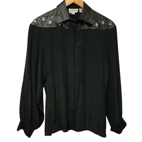 Vintage Cedars 80s Black silk leather beaded snakeskin Buttondown Blouse - Picture 1 of 8
